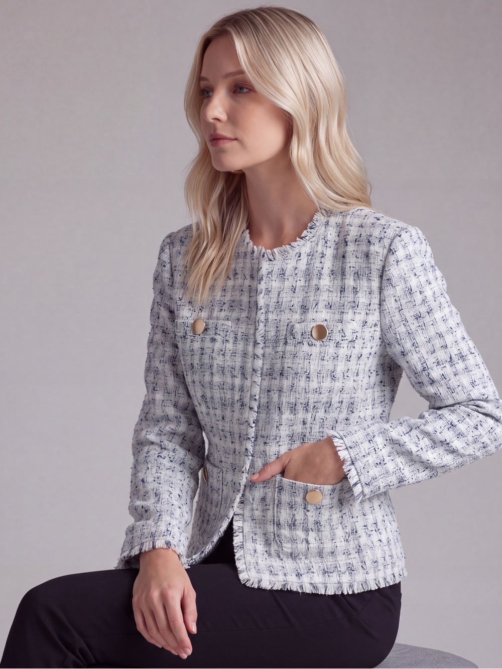Express Women's Tweed Boxy Jacket in Cream and Black with Gold Buttons